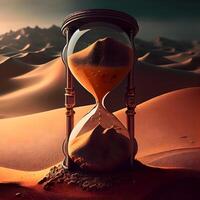 Sand clock in the desert. 3d render. Time concept., Image photo