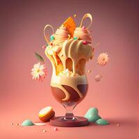 hielo crema helado con frutas y nueces en un vaso. 3d hacer ilustración., ai generativo imagen foto