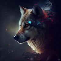 Digital painting of a wolf in fire and smoke on a dark background, Image photo