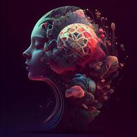 3d illustration of a female head with abstract fractal background., Image photo