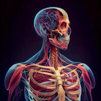 Human skeleton anatomy with muscles, bones and circulatory system on dark background, Ai Generative Image photo