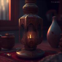 3d rendering of an Arabic lantern on a wooden table in a dark room, Image photo