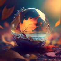 Crystal ball with autumn leaves on nature background. 3d render., Image photo