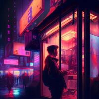 hombre en un ciudad calle a noche con neón luces. digital ilustración., ai generativo imagen foto