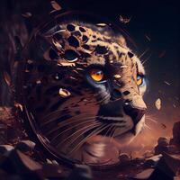 Fantasy portrait of a wild leopard in the forest. 3d rendering, Image photo