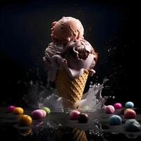 ice cream in waffle cone and chocolate candies on grey background, Image photo