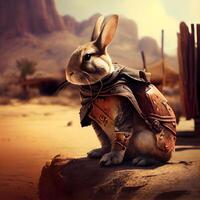 Rabbit sitting on a rock in the desert. Retro style., Image photo