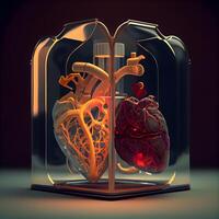 Human heart in a glass box. 3D illustration. Vintage style., Image photo
