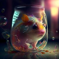 The mouse in a glass jar with soap bubbles on a dark background, Image photo