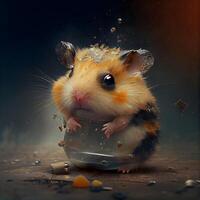 Hamster with a bowl of food on a dark background with smoke, Image photo