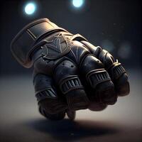 3D rendering of a robot hand holding a helmet on a dark background, Image photo