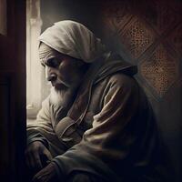 Portrait of an old man in the interior of the mosque., Image photo