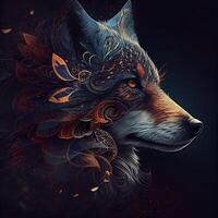 Beautiful fox head with ornament on dark background. illustration., Image photo