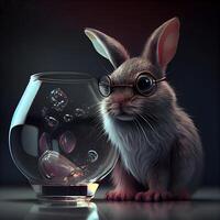 Funny rabbit with glasses and a glass bowl with a fish., Image photo