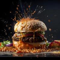 Burger with flying ingredients and splashes on a black background., Image photo