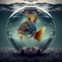 Fish in a glass aquarium. 3d rendering. Vintage style., Image photo