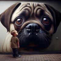 Pug and child in front of a graffiti on the wall., Image photo