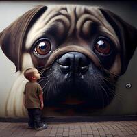 doguillo y niño en frente de un pintada en el muro., ai generativo imagen foto