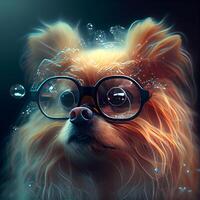 Funny dog with glasses and drops of water on dark background., Image photo