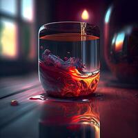 Glass of red wine with a burning candle. 3D illustration., Image photo