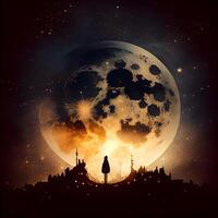 noche paisaje urbano con grande lleno Luna y estrellas. ilustración., ai generativo imagen foto