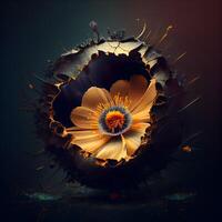 abstract background with a flower in a hole in the black wall, Image photo