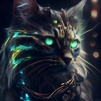 Fantasy cat with green eyes and magic lights on a black background, Image photo