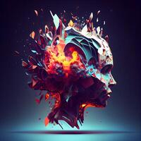 3d rendering of abstract human head with fire explosion on dark background, Image photo