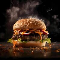 hamburguesa con volador ingredientes en un negro antecedentes. concepto de rápido alimento., ai generativo imagen foto