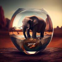 Elephant in a glass vase on the desert. 3D rendering, Image photo