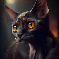 Fantasy portrait of a black cat with yellow eyes on a dark background, Image photo