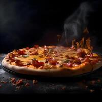 Pizza on a black background with fire and smoke. Close up., Image photo