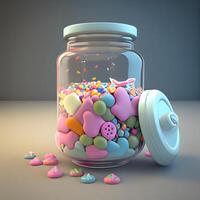 3d illustration of a glass jar full of colorful hearts and candies, Image photo