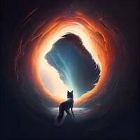 Fantasy illustration of a fox coming out of a hole in the wall., Image photo