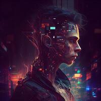 3d rendering of a male cyborg in a cyberspace., Image photo