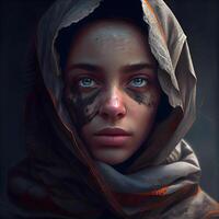 Portrait of a girl in a hood with blood on her face, Image photo