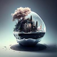 Fantasy landscape in a glass globe. 3D illustration. Copy space., Image photo