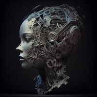 3d rendering of a female robot head with gears and cogwheels, Image photo