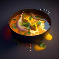 Bowl of soup with vegetables and spices, 3d illustration., Image photo
