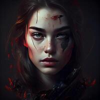 Portrait of a beautiful girl with blood on her face. Halloween., Image photo