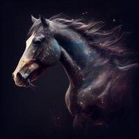 fantasía caballo retrato en un negro antecedentes. digital Arte cuadro., ai generativo imagen foto