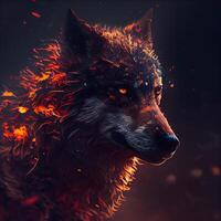 Portrait of a wolf with fire on the background of the forest., Image photo