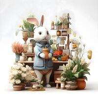 3D rendering of a cute rat gardener with a flower pot, Image photo