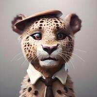 leopardo en un chaqueta en un blanco antecedentes. 3d ilustración, ai generativo imagen foto