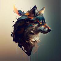 Digital illustration of a wolf head with colorful paint splashes on gradient background, Image photo