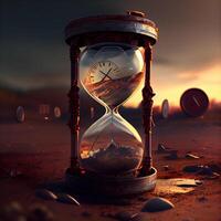 Time concept. Old hourglass on the sand. 3d render, Image photo