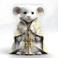 White mouse in a gold cloak with a cross on a white background, Image photo