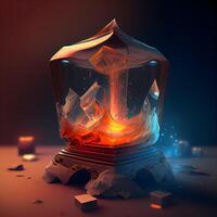 Illustration of an ice cube with fire inside on a dark background, Image photo