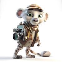 Cute cat in safari outfit with a camera and a mouse, Image photo