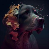 Portrait of a dog with flowers in the mouth on a dark background, Image photo